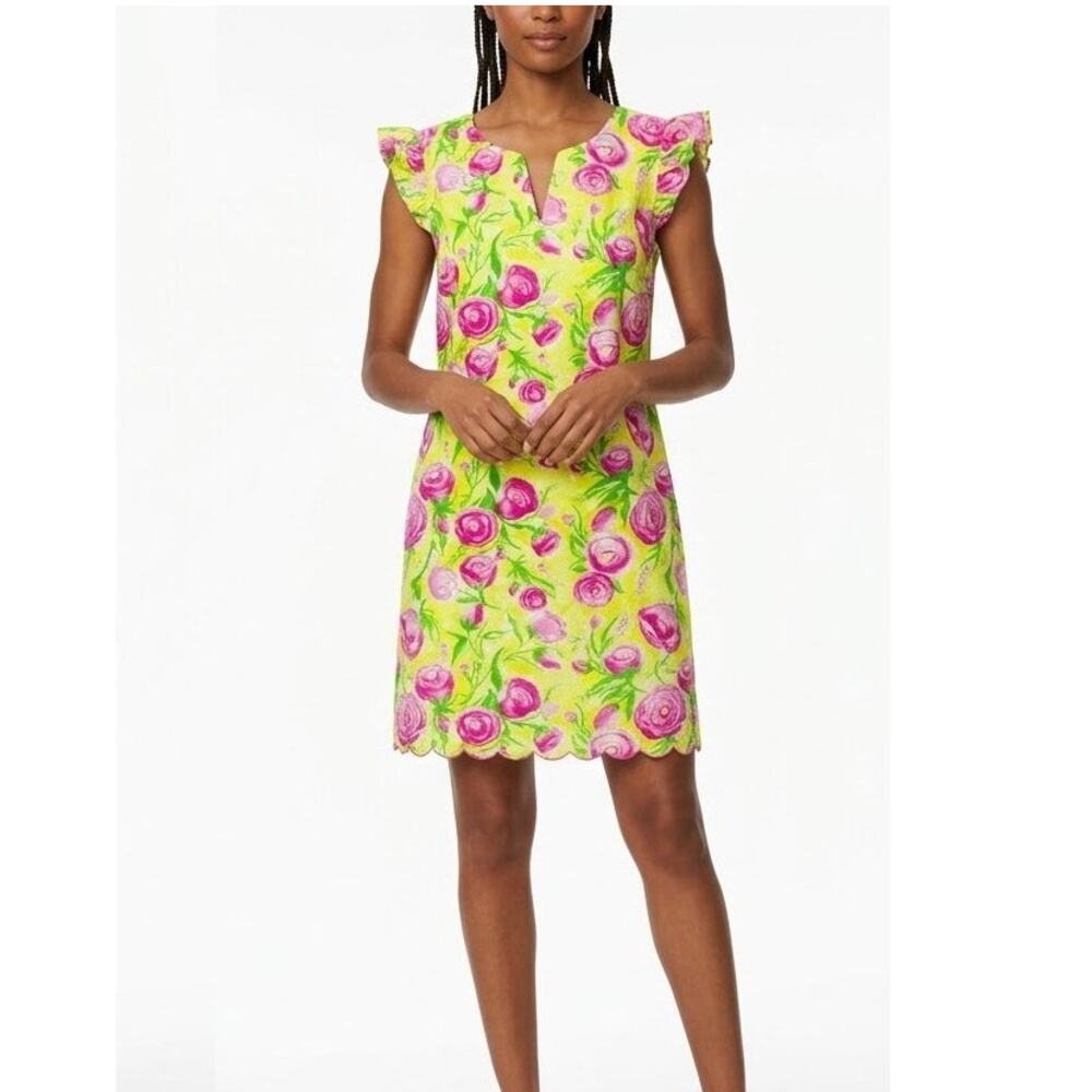 Haley and the Hound Ruffle Cap Sleeve Shift Dress M Derby Rose Print NWT